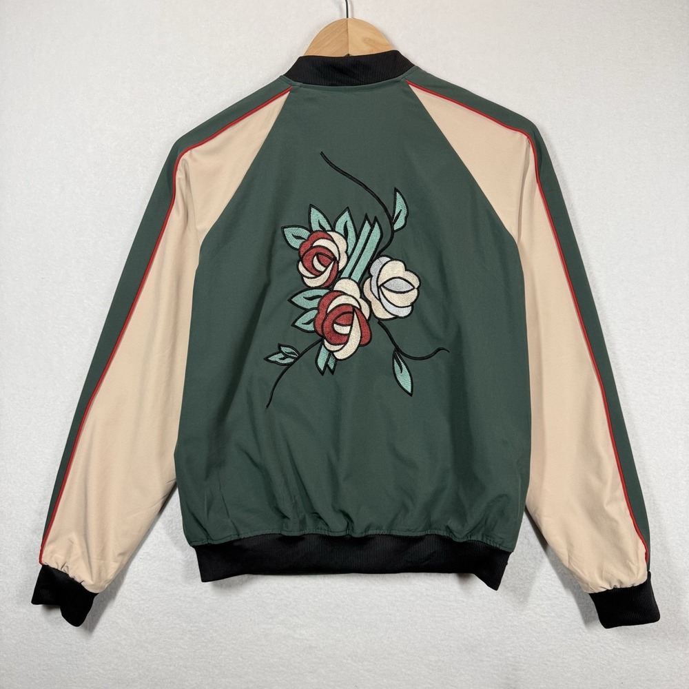 Pinko Sukajan Bomber Jacket Womens 2 Morbido Crepe Harajuku Floral‎ Rose Green